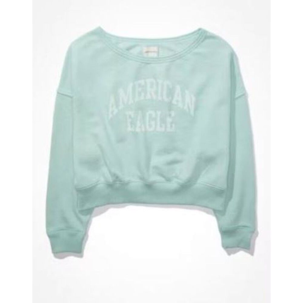 AE American Eagle Sweatshirt S oversized Forever Slouchy crew neck cropped Aqua